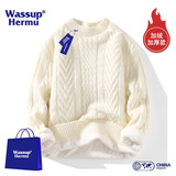 WASSUP HERMU潮牌联名纯色毛衣男女秋冬季圆领打底针织衫保暖宽松情侣大码上衣 加绒款-18米白色 M （推荐90-110斤）
