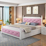 硕驰 床实木床1.5米1.8米现代简约卧室家具双人床单人床北欧式实木婚床软包床 白色床+粉色软包带抽屉送棕垫 1.5米*2米