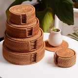 半物生活餐垫隔热垫手工编织藤编碗垫创意餐桌垫盘子垫锅垫茶杯垫家用垫子 8cm6个套装带收纳筐