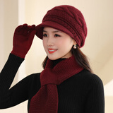 GLO-STORY中老年人帽子女妈妈针织鸭舌帽加厚围巾保暖兔毛线帽  酒红麻花纹
