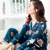 海之宁睡衣女纯棉春秋季长袖开衫宽松显瘦家居服套装女士全棉牡丹甜美清新居家服出门可外穿两件套绿色2XL