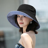SOMUBAY遮阳帽女遮脸夏天太阳帽子大S同款防紫外线防晒帽双面日系渔夫帽 DYM-491【黑色_条纹】帽檐11CM L（59-61cm）