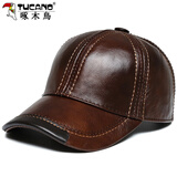 啄木鸟  帽子男冬头层牛皮老人棒球帽真皮男士真皮鸭舌帽保暖中老年帽 头层牛皮浅咖色