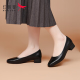 红蜻蜓（RED DRAGONFLY）女鞋牛皮透气单鞋女新品粗跟浅口通勤工作鞋女士软底百搭套脚皮鞋 WTB435931 黑色粗跟（3CM） 36