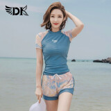 DK泳衣女分体韩国ins风保守遮肚显瘦温泉运动游泳装 浅蓝花 短袖短裤 XXL
