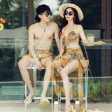 鑫格莱特新款情侣游泳衣女比基尼分体三件套聚拢平角裤沙滩裤温泉度假1948 黄色女款 M