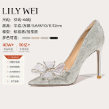 Lily Wei怦然心动法式高跟鞋仙女水晶婚鞋细跟尖头新娘蝴蝶结 银色【跟高10厘米】 40