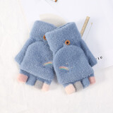 原谅色韩版半指手套冬季骑行保暖防寒女生可爱露指毛线学生写字翻盖手套 蓝色