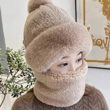 浩冠（HAOGUAN）帽子女士秋冬季毛线帽新款保暖骑车防风面罩防寒加厚护颈围巾一体 浅咖 均码有弹性