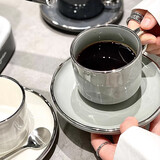 古莜轻奢咖啡杯陶瓷咖啡杯碟套装茶具杯子水杯银边杯子单杯碟勺 银边杯碟勺【浅灰色】礼盒装