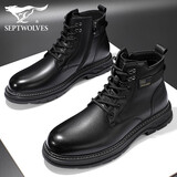 七匹狼男鞋冬季加绒马丁靴男款高端真牛皮防滑鞋加厚高帮百搭男士休闲鞋 黑色 （四季款） 42 (260mm) 【皮鞋码 宽松版型】