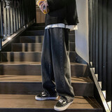 蒂卡登牛仔裤男宽松百搭裤子男春秋季韩版潮流阔腿休闲加绒直筒长裤 黑灰色 L（建议110斤-130斤）