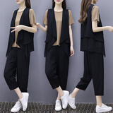 品汇菲特大码女装套装夏装T恤加肥微胖mm夏天穿显瘦背心马甲气质三件套 黑色（三件套） 薄款 3XL 建议155-175斤