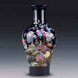 loyo景德镇落地陶瓷大号花瓶富贵竹新中式家居客厅酒店插花器装饰摆件 祭蓝兰花锦鸡大号鱼尾瓶+底座