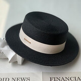 ALBINELE草帽女夏天复古英伦平顶礼帽韩版沙滩帽防晒遮阳帽ins网红平顶帽 黑色