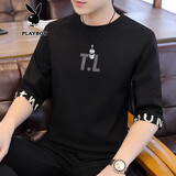 花花公子夏季t恤男七分袖春秋季送男友高端短袖衣服男装休闲秋装打底衫 黑色 L