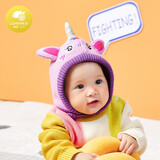 柠檬宝宝麋鹿圣诞礼物新品婴儿帽子男女童秋冬可爱超萌针织套头护耳帽 粉紫独角兽 3个月-1岁【帽围44-48CM】
