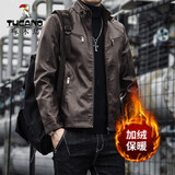 啄木鸟 皮衣男秋冬季潮流衣服仿真皮男士外套软皮衣冬季加绒机车工装小皮衣立领夹克 609咖啡色加绒款 L码（建议115-130斤）