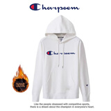 冠军涂鸦加绒春秋冬季新款连帽卫衣套头刺绣外套纯色休闲男女同款情侣卫衣 白色长条连帽加绒 XL 130-155斤