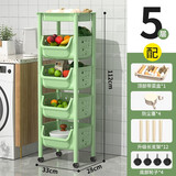 汉世刘家厨房架子置物架新款玩具收纳架子厨房用品大全客厅置物架落地多层 麦苗绿：5层【菜盒款】带轮 多层收纳含挂钩