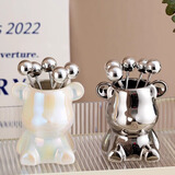 onlycook不锈钢水果叉套装 水果签甜品叉子6只装带底座轻奢套装-小熊款