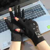奕卬手套女薄款棉质防晒开车骑行防滑护手吸汗纯棉透气短款夏季半指春 小熊露两指-黑色