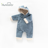 欢喜小熊 婴儿衣服冬季纯棉加绒哈衣爬服婴幼儿灯芯绒保暖冬装宝宝连体衣 蓝色 90cm (建议18-24月身高80-90cm)