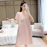 奥蜜雪 睡裙女夏季纯棉短袖薄款睡衣裙可爱少女学生全棉夏天大码家居服 22Q-1177粉两只鼠裙 L（推荐105斤-120斤）