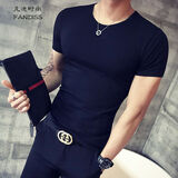 凡迪时尚夏季纯色修身短袖t恤男士圆领紧身上衣白色男装打底潮牌体恤潮流 黑色 M