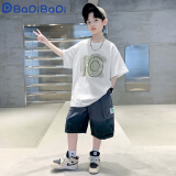 巴帝巴帝男童夏季套装2024新款男孩中大儿童时髦洋帅气夏装短袖衣服两件套 白色 150cm