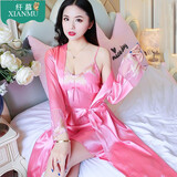 依嫚诗送礼大红性感薄吊带睡裙睡袍浴袍春秋仿真丝家居服两件长袖睡衣女 刺绣西瓜红粉(睡裙+睡袍) L(95-110斤)