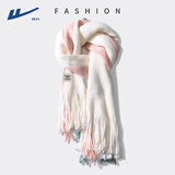 回力围巾女冬季保暖围脖男学生日礼物送女友流苏毛线加厚情侣披肩防寒 白粉色