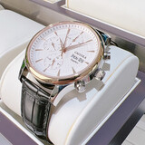 卡罗莱男士手表全自动机械表运动男表防水多功能时尚真皮精钢带夜光腕表 金色白色皮带 CA1112