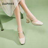 达芙妮法式玛丽珍鞋女粗高跟一字带小皮鞋通勤软底单鞋女 米色 36 