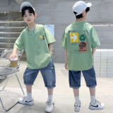 小咕嘟熊童装男童夏装套装新款儿童装男孩衣服纯棉短袖T恤牛仔短裤两件套 绿色 150