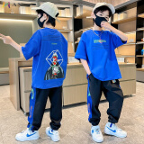 AN儿童装男童夏装套装薄款2025新款中大童男孩衣服短袖两件套韩版潮 蓝色 160 建议10-12岁(身高150-160cm)