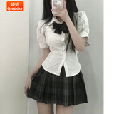 婍妡日系jk制服收腰衬衫上衣女短袖学院风泡泡袖白色衬衣jk套装 收腰衬衫单件 S