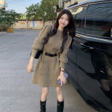 燕浔连衣裙女秋冬新款2025女装小个子加厚保暖毛衣裙中长款针织裙子女 浅咖色(带腰带)  均码 建议85-135斤