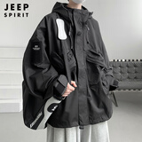 JEEP SPIRIT美式大码冲锋衣男加肥加大300斤秋春秋工装连帽夹克外套春秋薄款 黑色 6XL (225至250斤可穿)