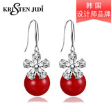 KRISTEN JUDI情人节礼物红色珍珠耳环女耳钩银针耳饰长款妈妈耳钉女友老婆耳坠 红色珍珠耳环一对