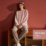 安之伴睡衣女士晚秋冬双面法兰绒多色长袖圆领套头厚款保暖简约舒适可外穿家居服套装 浅豆沙 XL