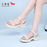 红蜻蜓凉鞋女夏季新款运动凉鞋真皮一字带扣厚底增高沙滩鞋外穿防滑显高 米白色（跟高4.5cm） 39
