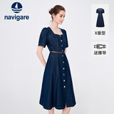 Navigare意大利小帆船短袖连衣裙女士夏季百搭A字裙时尚显瘦复古牛仔长裙 海军蓝 M 码