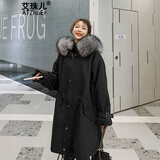 艾珠儿工装派克服棉服女冬季新款女装加绒加厚中长款棉衣宽松棉袄外套女 黑色 S(建议118斤以下)