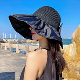 笙格儿夏季帽子女大檐帽防紫外线遮脸防晒帽遮阳帽太阳渔夫黑胶百搭大沿 黑色 均码