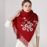 达芬奇密码羊毛围巾女冬季加厚长款超大刺绣绒披肩喜庆中国红送妈妈生日礼物 遇见花开 枣红