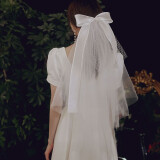 缔晶新娘头纱求婚领证结婚登记婚纱头饰蝴蝶结双层网纱婚礼拍照道具
