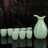 九楼阁 景德镇青瓷白酒 清酒分酒器酒具套装小酒盅一壶8杯 六角款--梅子青 250ml 1壶8杯 泡沫安全包装