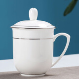 玉蝶景德镇茶杯陶瓷带盖家用骨瓷杯子办公室水杯会议茶杯定制刻字logo 金钟杯 银边400M