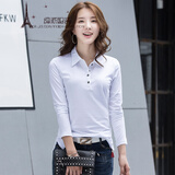KUFANXI品牌原创 翻领T恤女长袖春夏时尚韩版修身女纯色有领打底衫 白色 L
